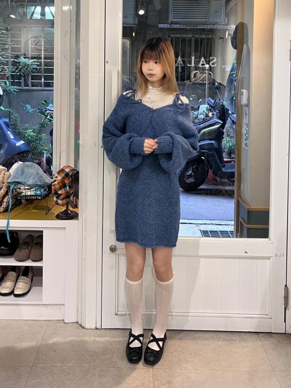 混線針織罩衫+吊帶洋裝兩件套 