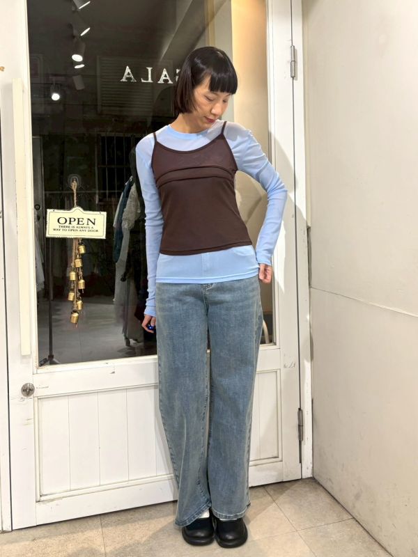 兩件式長袖微透膚內搭+立體皺摺吊帶背心 