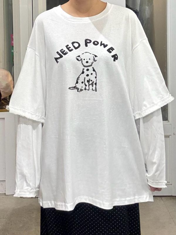 Need power 狗狗假兩件袖口蕾絲滾邊長袖上衣 