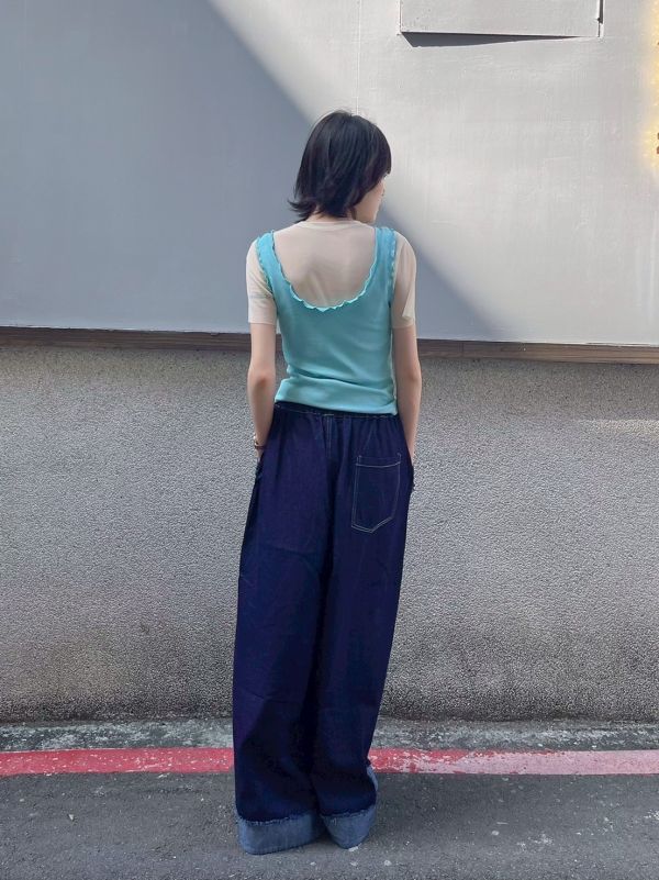 反折褲管雙口袋抽虛鬆緊腰牛仔長褲 