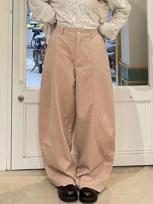 造型圓形車線後鬆緊前後雙口袋繭形牛仔褲 