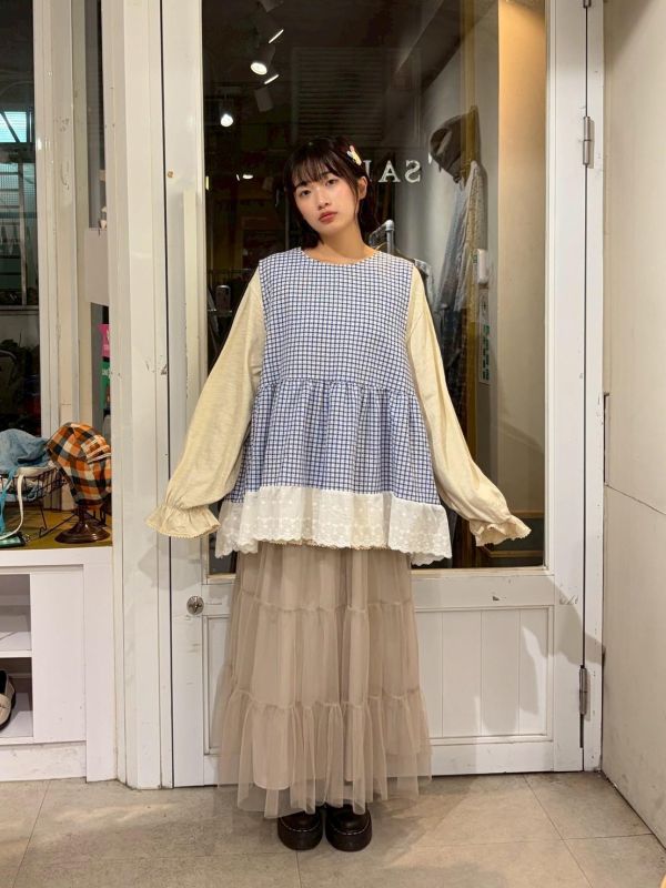 格紋拼接蕾絲下擺背心洋裝 