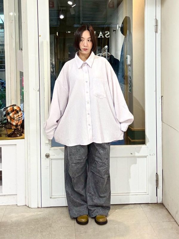 細直條紋皺皺布落肩寬版襯衫 