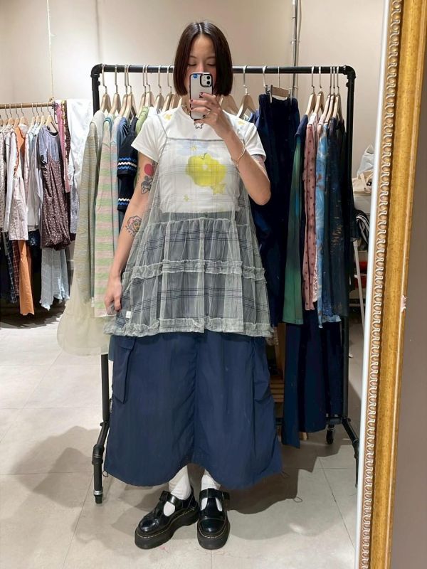 伸縮腰刷刷布兩側立體大口袋下擺抽繩A字長裙 