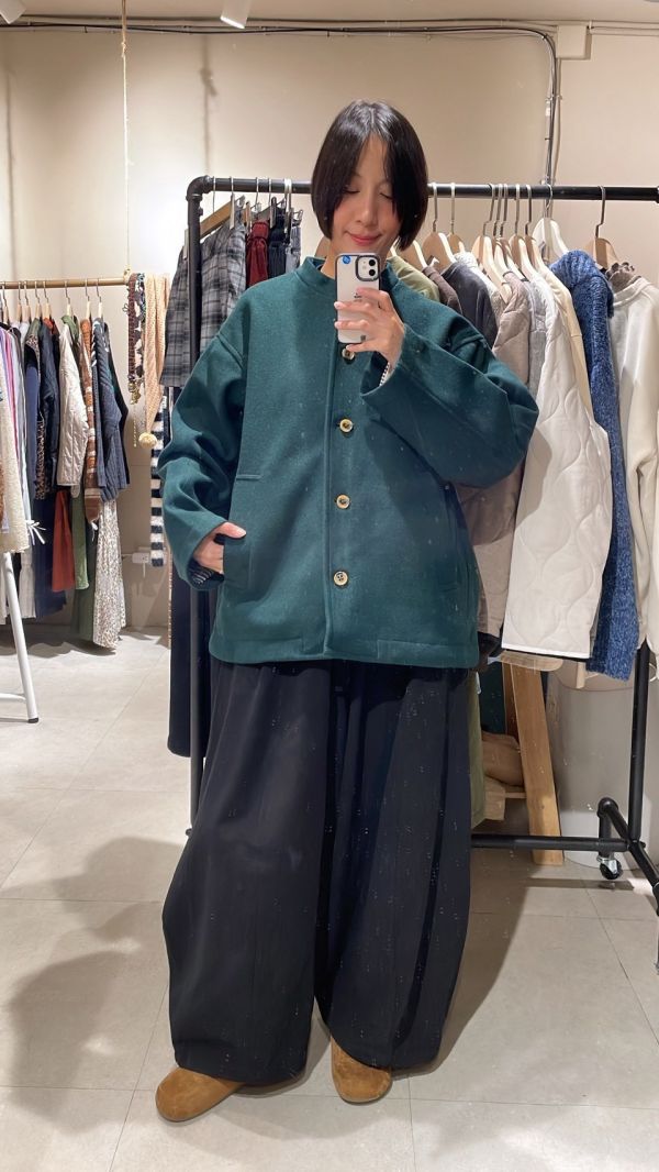 綠色中山領毛呢大外套 