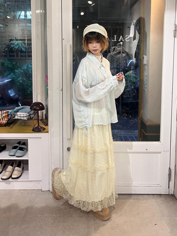 短版條紋細閃透膚長袖襯衫 