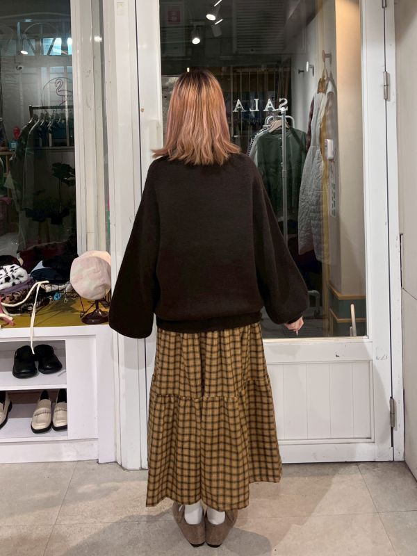 黃色格紋毛呢蛋糕長裙 