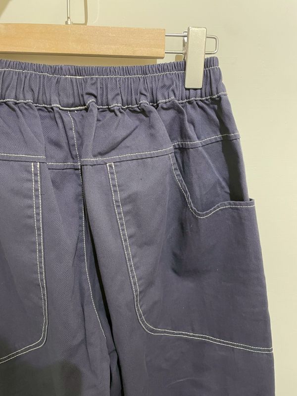 藏藍拼腰果花明線帆布長褲 