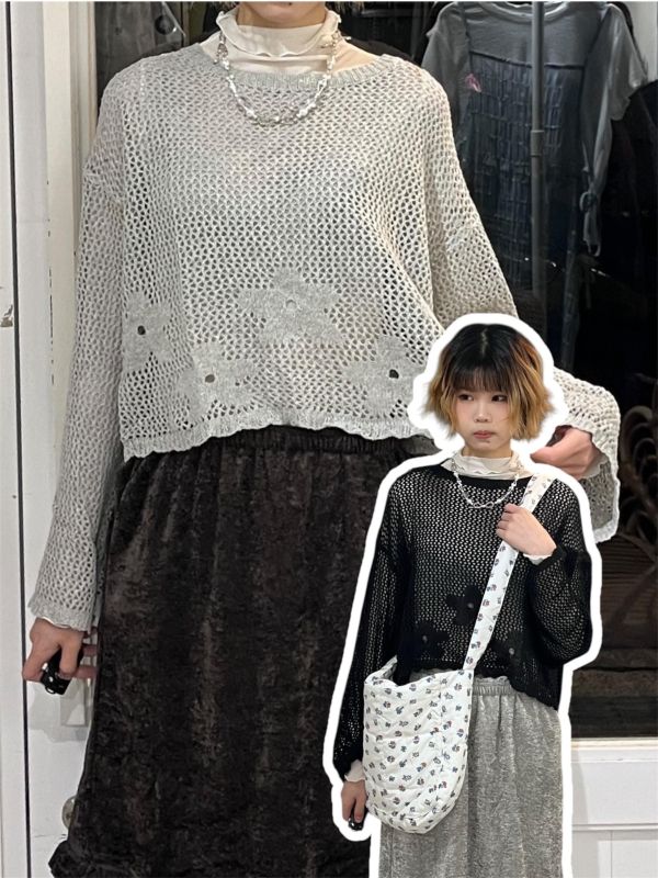 鏤空網格花花針織短版長袖上衣 