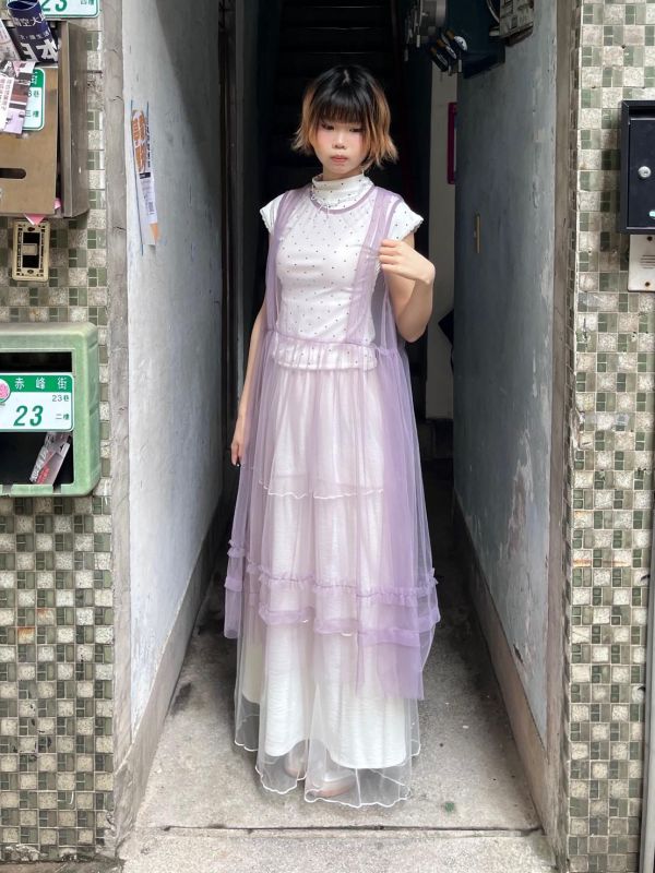 單色寬版紗背心洋裝外罩 