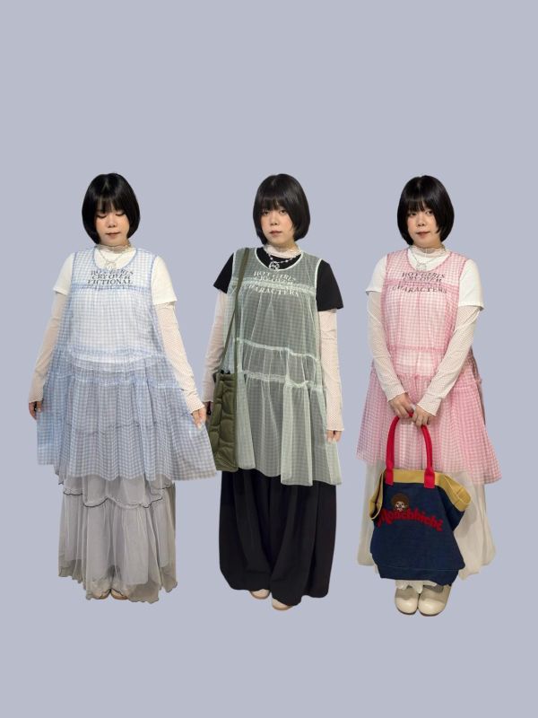 格紋層次紗寬肩帶背心 