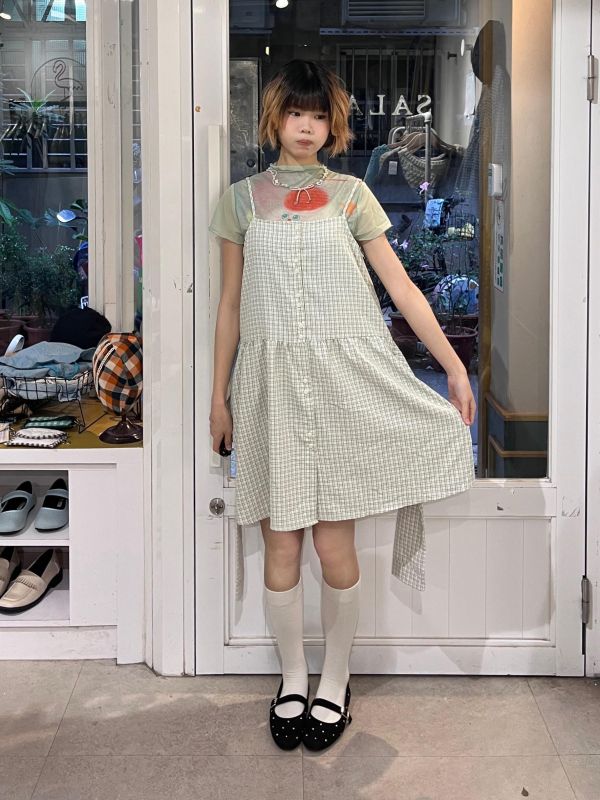 側綁帶格紋排扣吊帶背心裙 