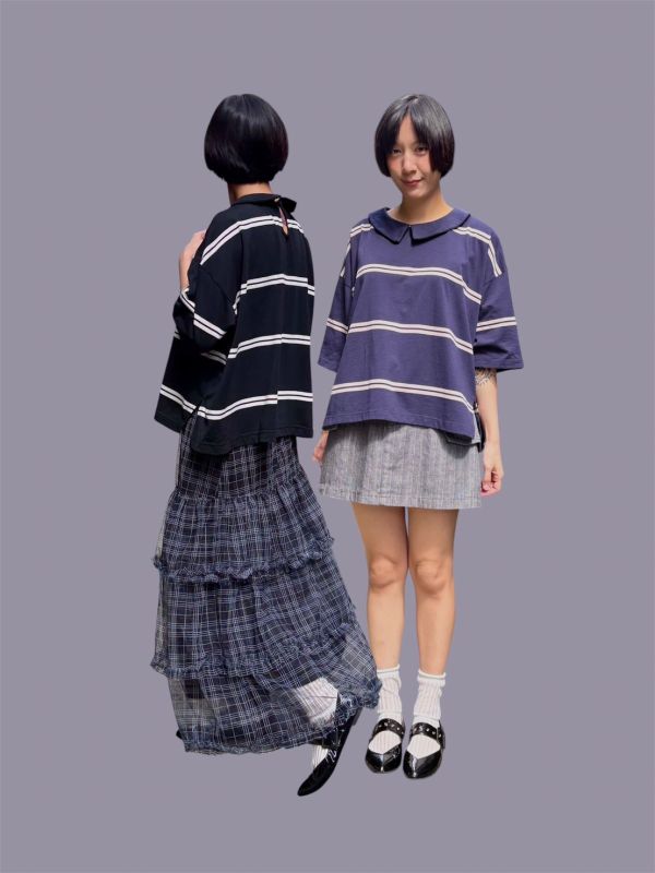 翻領條紋短版側開衩tee 