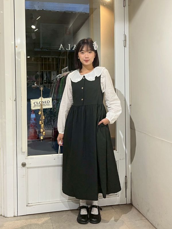 絎縫直紋胸前釦後綁帶長洋裝 