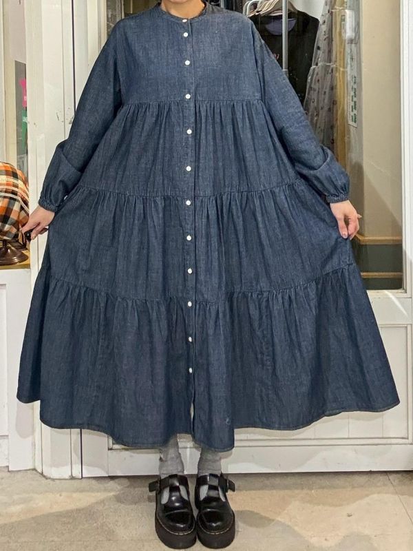 長袖蛋糕排扣牛仔洋裝 