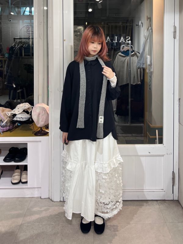 前短後長弧形開衩棉質長袖襯衫 