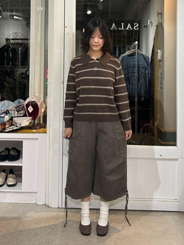 針織拉鏈領口條紋上衣 