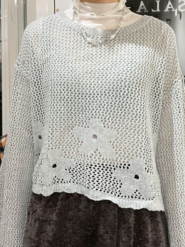 鏤空網格花花針織短版長袖上衣 