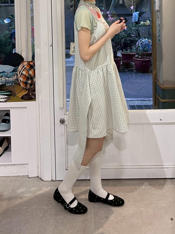 側綁帶格紋排扣吊帶背心裙 