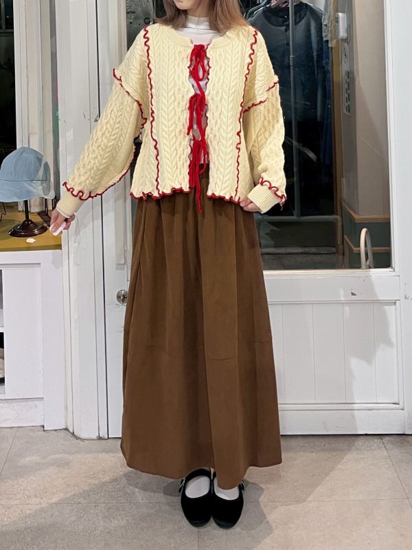 粗針織毛線撞色滾邊綁帶長袖外套 