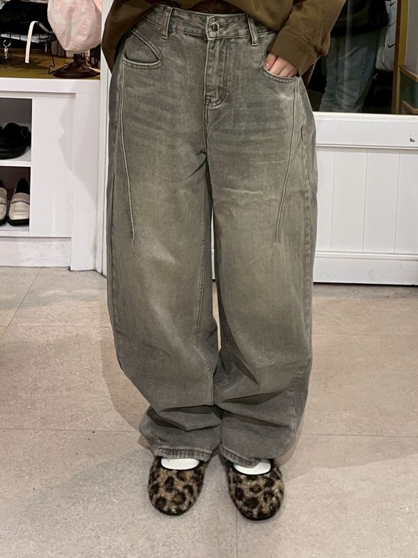 復古水洗灰色牛仔彎刀褲 