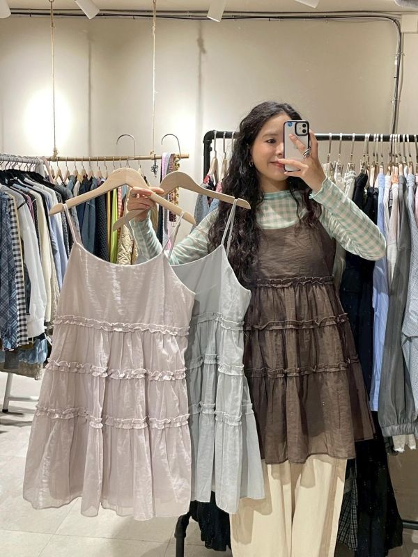 可調節細肩可愛捲邊蛋糕裙雙層短罩衫 