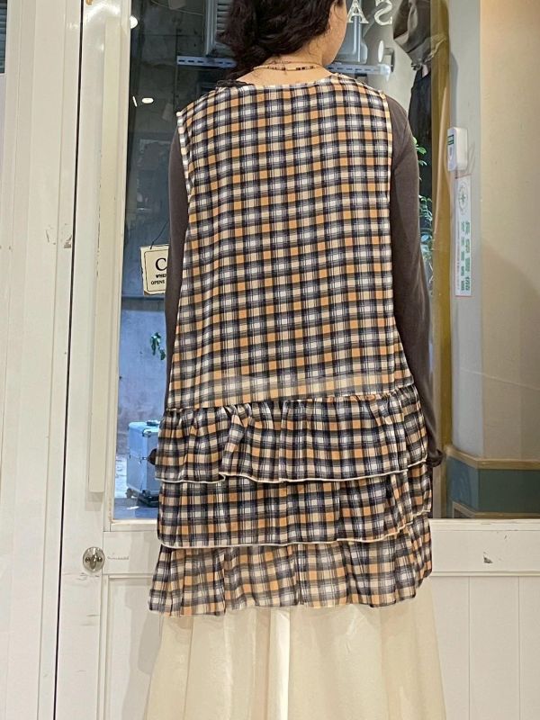 撞色格紋寬鬆透膚蛋糕下擺背心罩衫洋裝 