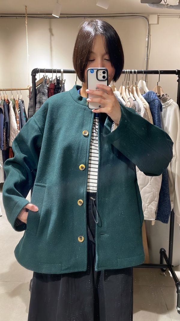 綠色中山領毛呢大外套 