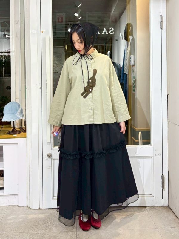 細燈芯絨刺繡貓咪襯衫 