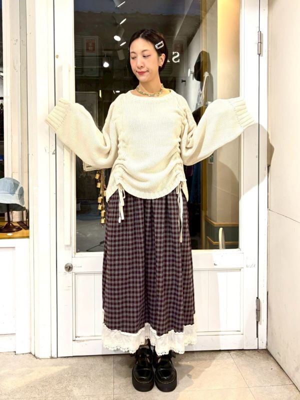 抽繩綁帶落肩寬袖針織上衣 