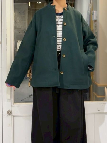 綠色中山領毛呢大外套 