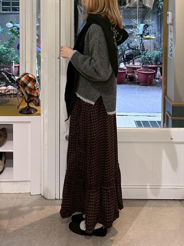 復古格紋擠花魚尾長裙 