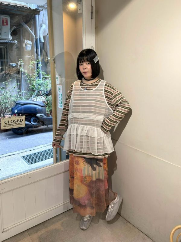 條紋撞色落肩寬鬆長袖上衣 