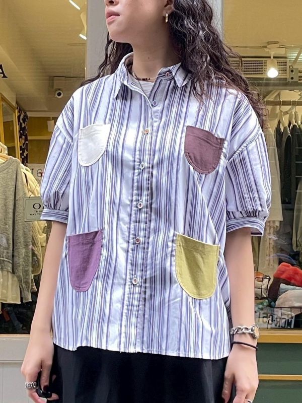 撞色多口袋條紋五分公主袖翻領前短後長襯衫 