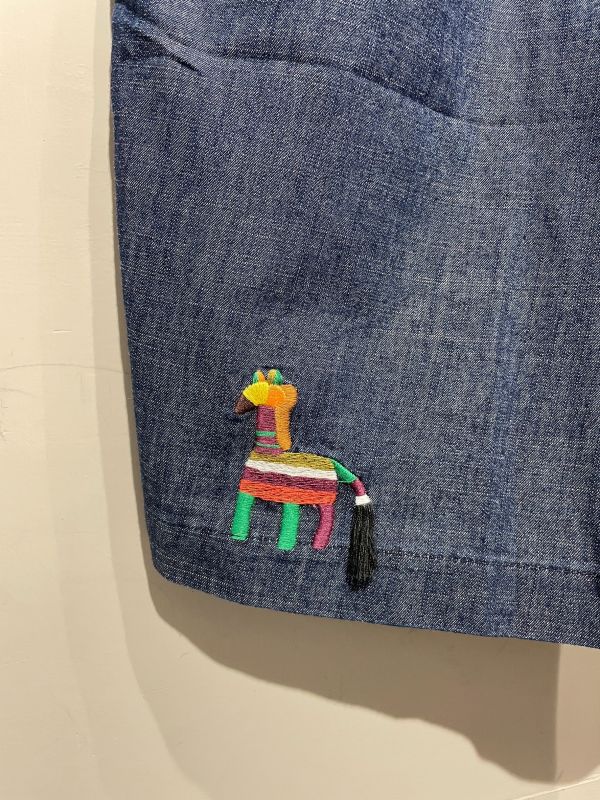 長頸鹿刺繡薄牛仔綁帶寬褲 