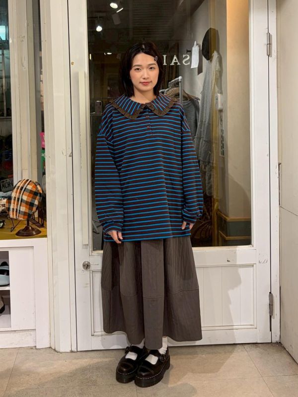 百搭條紋荷葉領休閒上衣 