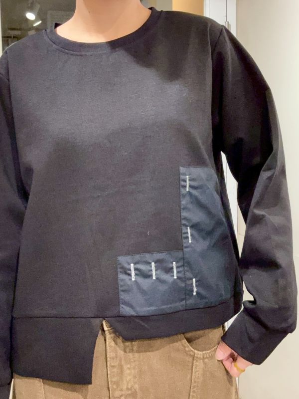 下擺裁切異材質拼接長袖上衣 