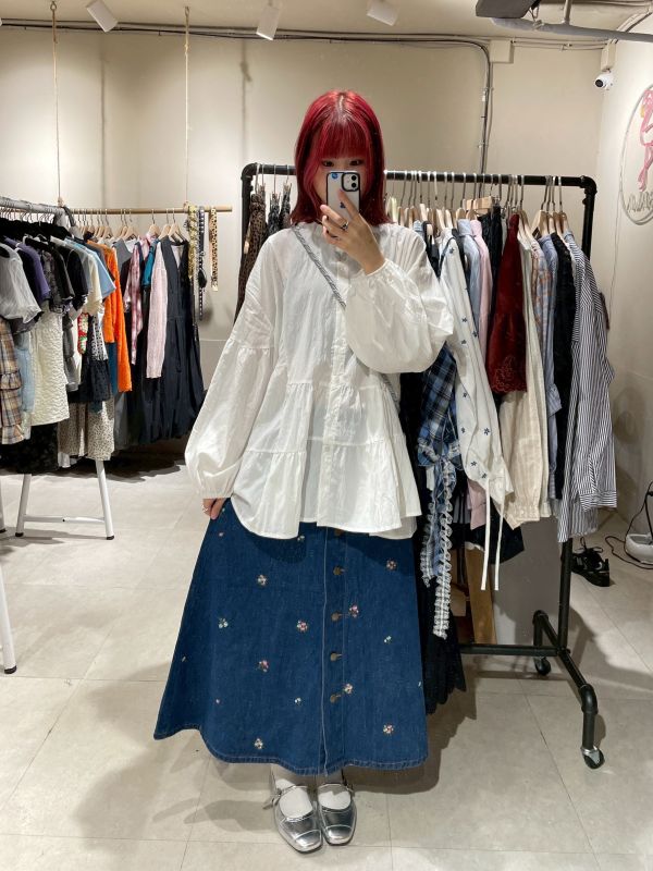 花朵刺繡口袋牛仔長裙 