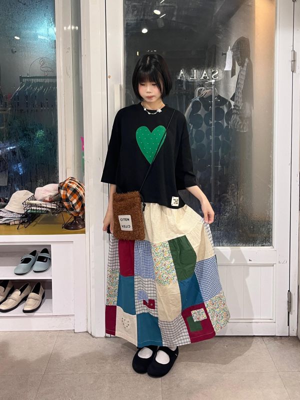 棉麻碎花格紋拼布長裙 