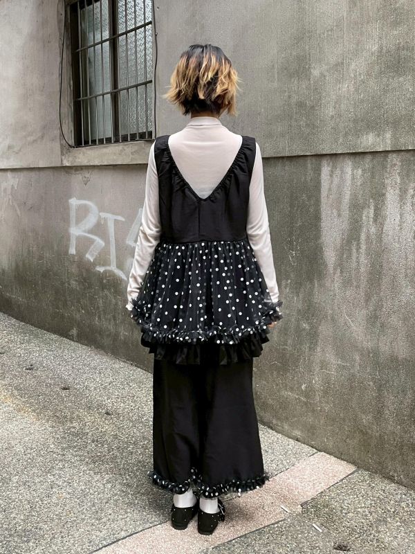 拼接波點紗紗下擺長褲 