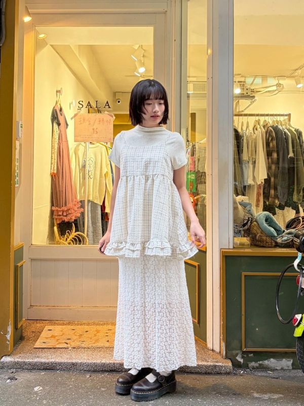 格紋後綁帶蛋糕層次下擺細肩帶背心 