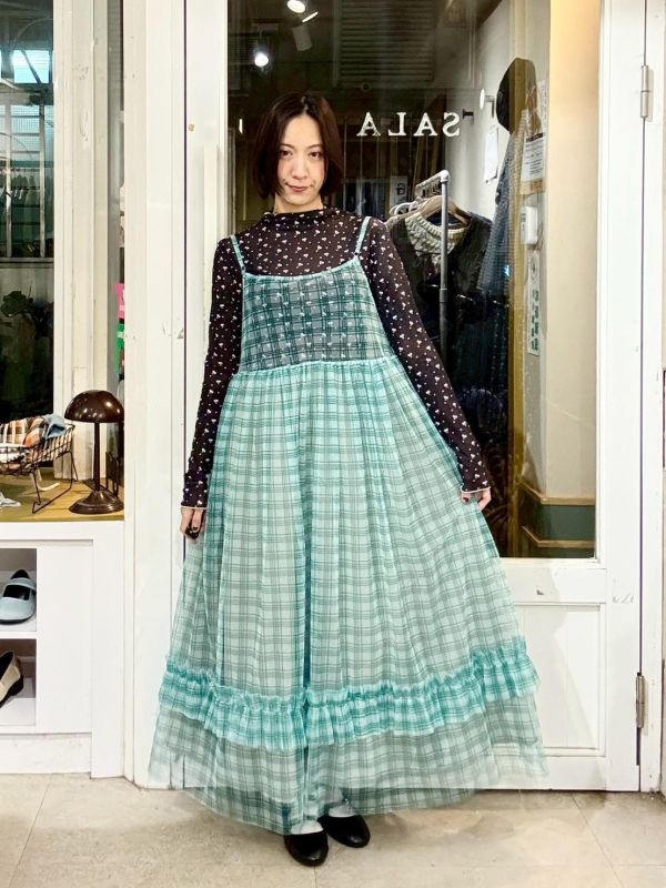 格子雙層紗吊帶背心裙 