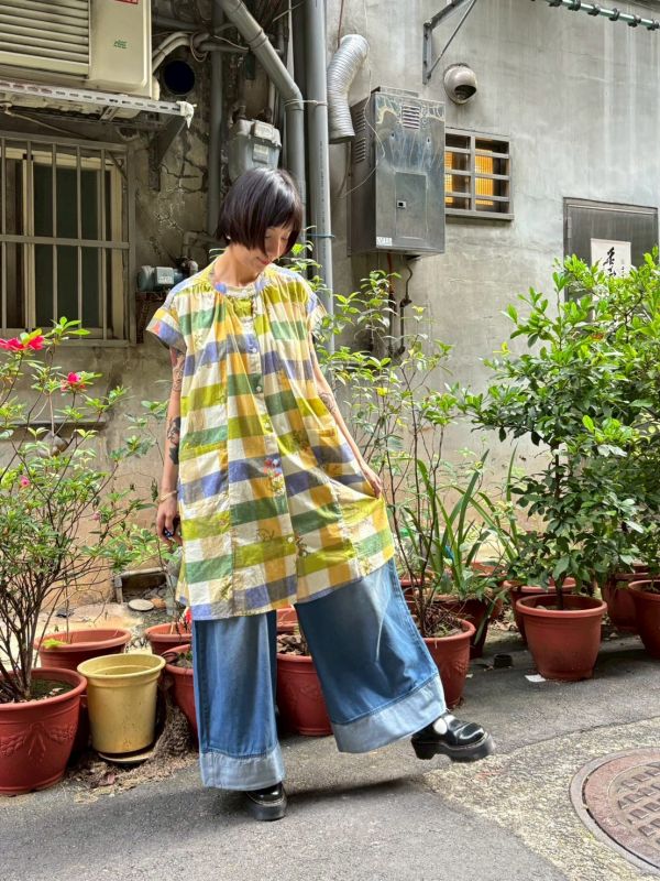 手繪花園黃綠大方格長襯衫 
