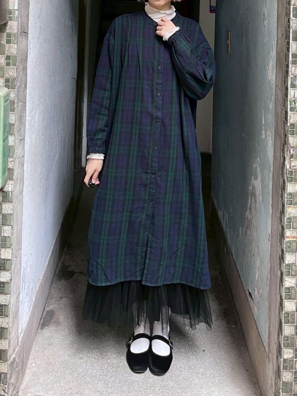 棉麻藍綠圓領排扣長版洋裝 