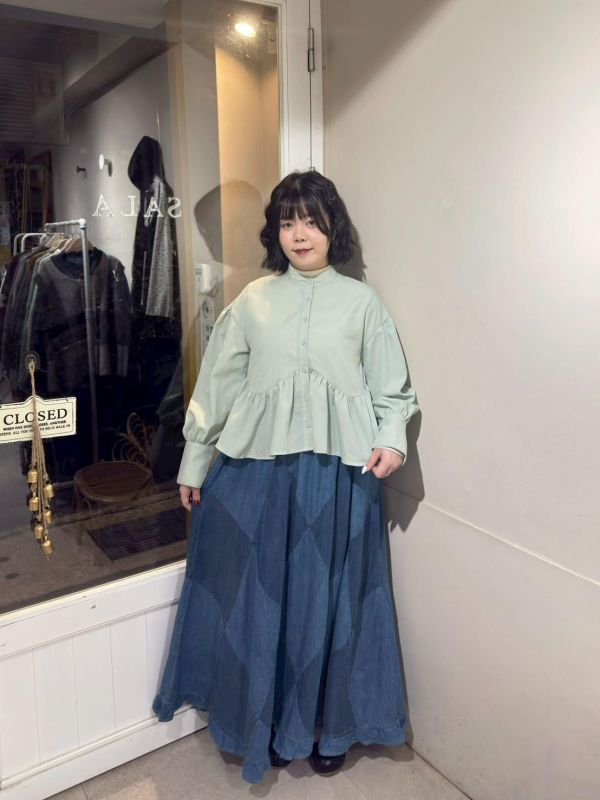 大格紋拼接荷葉下擺鬆緊腰傘裙 