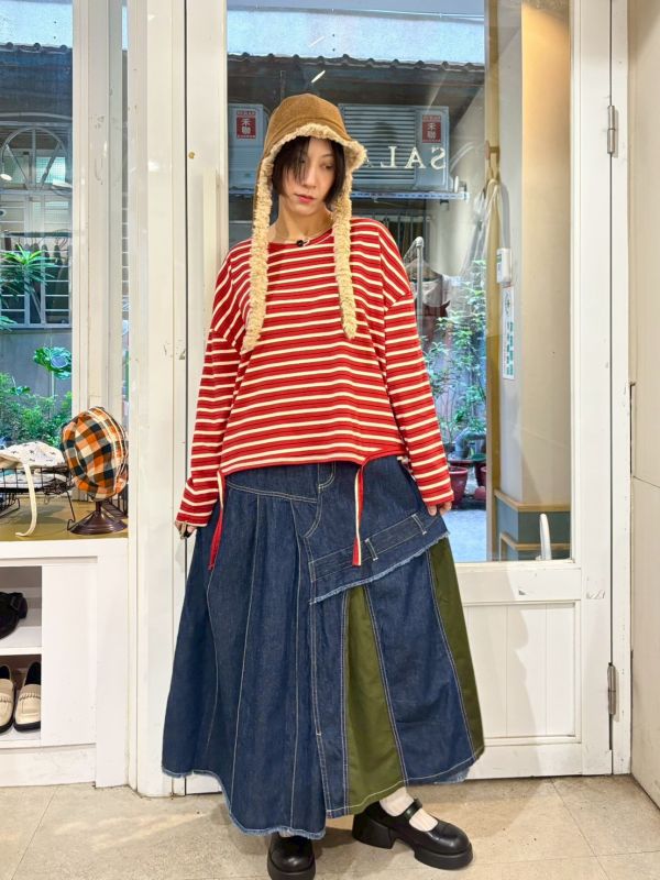 鬆緊腰異材質拼接傘狀牛仔裙 