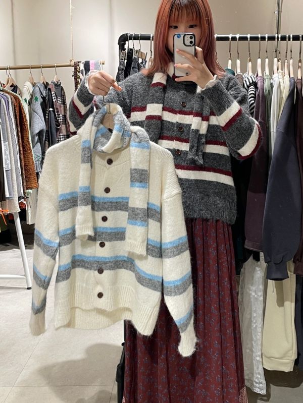 橫條紋針織排扣外套附圍巾 