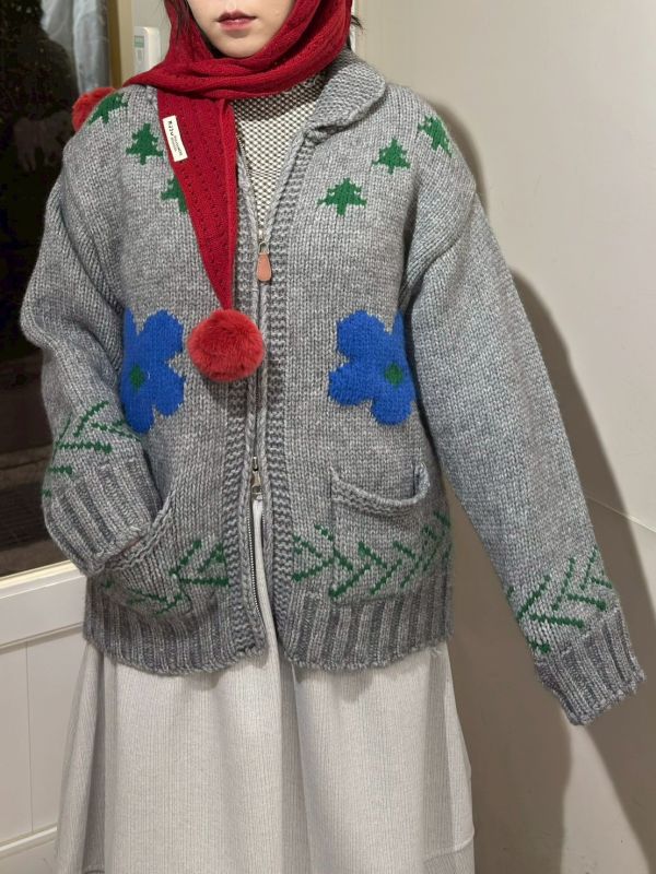 雙拉鏈撞色圖案粗毛線針織外套 