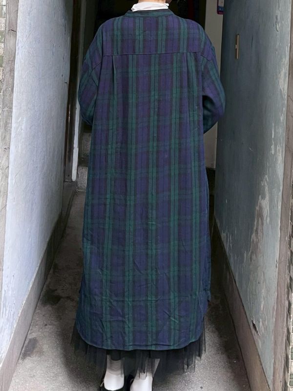 棉麻藍綠圓領排扣長版洋裝 