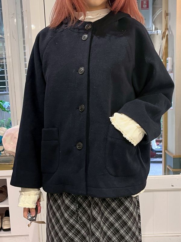 藏藍厚毛呢連帽排扣外套 